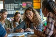© INT888 - Candid shot of students gathered around a teachers desk, talking and writing down instructions as they receive feedback on their assignments