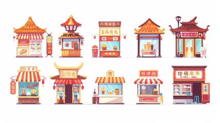 Cartoon illustration set of fast food and drink kiosks and stands for traditional carnivals with chinese dishes, ice cream and coffee.