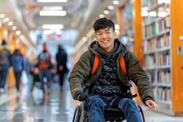 Young Asian student in wheelchair navigating bustling library corridors