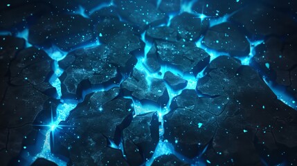 Blue holes glowing on black background with mist and sparkling particles in air. Abstract light cracks on ground surfaces. Modern realistic illustration of magic energy effect, explosion demolition.