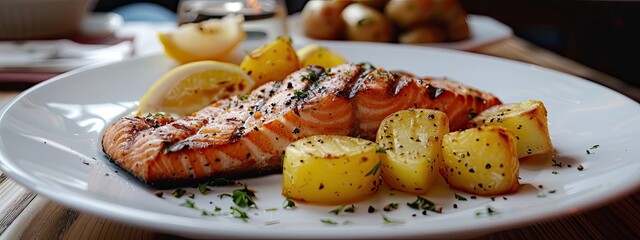 Wall Mural - grilled salmon with potatoes on a white plate. Selective focus