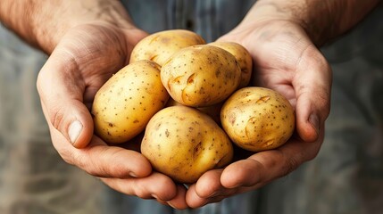 Wall Mural - potatoes in the hands of a farmer. Selective focus