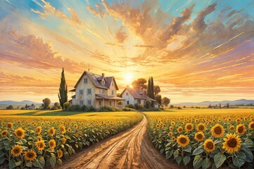 illustration of Sunflower field at sunset with the small house at end of road, super wide view angle. Oil painting of a rural landscape