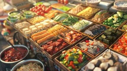 Canvas Print - an image of a colorful array of Korean street food displayed on a wooden cart, including (spicy rice cakes),and capturing the vibrant atmosphere 