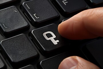 Wall Mural - Hand of a person pressing a button on a computer keyboard with a digital key icon displayed prominently