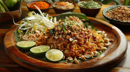 Sticker - an image of a colorful plate of Pad Thai served on a wooden platter, garnished with crushed peanuts, lime wedges, and fresh bean sprouts, capturing the essence of Thailand's most iconic dish.