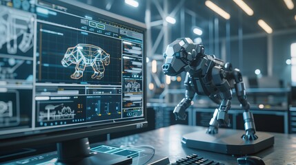 Poster - A close-up view of a computer monitor display with 3D CAD software with a robotic dog project.