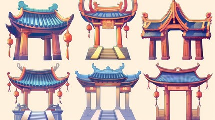 Wall Mural - A traditional Chinese entrance with a roof, steps, and lantern. Cartoon modern illustration of the arch gate of an oriental building. Asian pavilion restoration with classic ornamentation.