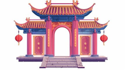 Wall Mural - An antique Chinese pavilion entrance with classic decoration and a roof, stairs and lanterns for a traditional Chinese house or temple door. A cartoon modern illustration set of oriental gates with