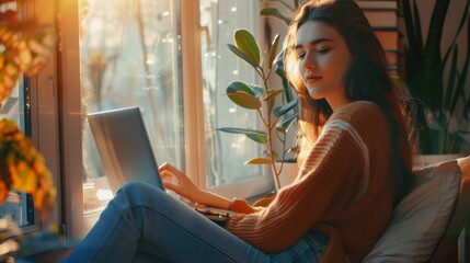 Poster - Stunning Caucasian woman typing on her laptop while relaxing on her windowsill while enjoying the warm sun. Casually dressed woman browsing the internet and enjoying the weekend looks relaxed and