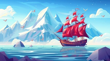 Wall Mural - Illustration of a seascape with a wooden ship with red sails floating in the sea. A rocky mountain with glacier, birds in blue sky, and a dream symbol are also included in this modern illustration.