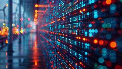 A vibrant and abstract image featuring a colorful array of blurred lights and digital patterns, resembling a futuristic cityscape or circuit board, evoking a sense of technology in the digital age.