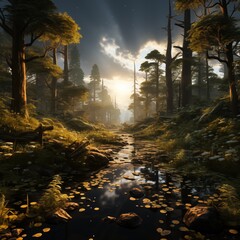 Wall Mural - AI generated illustration of a lush forest landscape with sunlight filtering through the trees