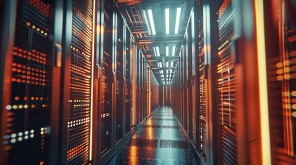 Wall Mural - A modern data center server rack working in a well-lit room. Internet of Things, digital storage, blockchain infrastructure, cryptocurrency farms, cloud computing. 3D render, mining warehouse shot.