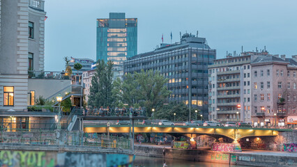 Wall Mural - Vienna cityscape with the Danube channel day to night timelapse in Vienna. Austria.