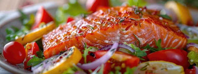 Wall Mural - salad, fresh vegetables and salmon fillet. selective focus