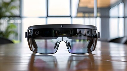 Poster - Sleek AR glasses with reflective lenses on a polished wooden surface, showcasing futuristic technology.