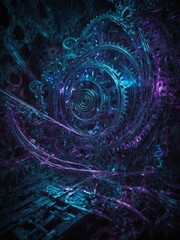 Poster - Complex structure of intricate gears, mechanisms illuminated in mesmerizing dance of lights, shadows. Swirling patterns emerge from core.