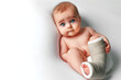 Baby with a cast on his leg on a white background