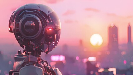 Poster - A robot is positioned in front of a city skyline as the sun sets in the background, creating a dramatic and futuristic scene.