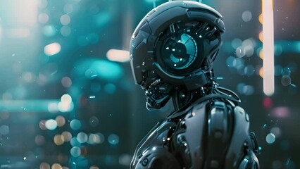 Poster - A cutting-edge robot is positioned in front of a modern urban landscape.