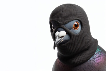 Wall Mural - pigeon in a black robber mask on a white background