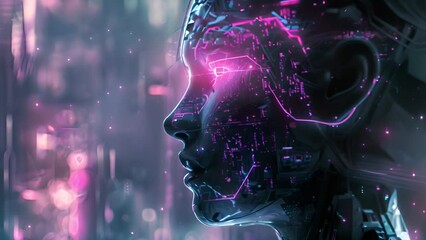 Aufkleber - Side profile of an AI entitys head, illuminated by neon lights against a digital backdrop.