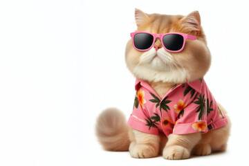 cute cat in trendy pink sunglasses and hawaiian shirt isolated on white background