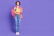 © deagreez - Full size photo of nice young girl look empty space wear shirt isolated on violet color background