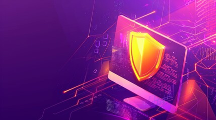 Poster - an isometric modern of online security guarantees. computer monitor with a golden shield guarding pe