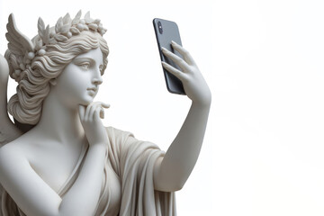 Classic gypsum statue of woman using smartphone isolated on white background copy space