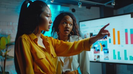 Poster - Two creative colleagues point at a television with financial graphs and charts in the office. An Asian CEO consults a black marketing manager. Two women brainstorm.
