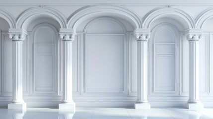 Poster - Archway with columns and illuminated signboards for wall, curved interior gates with white pillars and empty banners for museum or art gallery, arched frames for classic frames with columns,