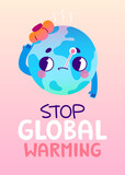 Fototapeta Kosmos - Global warming problem poster with earth planet.Cartoon vector banner about climate changes.