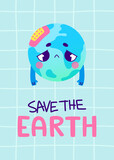 Fototapeta Kosmos - Cartoon ecology poster with sad earth planet.Vector banner about environmental problem for kids.