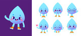 Fototapeta Kosmos - Cute water drop mascot poses set. Retro cartoon vector aqua character with emotion. Baby droplet mascot.