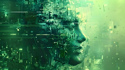 Fototapete - A blend of green hues and digital elements representing a flow of information in a cyberspace environment.