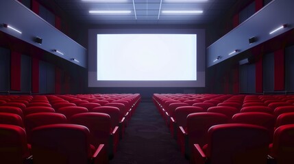 Poster - In a movie theater hall with rows of seats, a blank television monitor sits on a dark wall. White glowing display for video presentations, realistic 3D modern empty plasma panel.