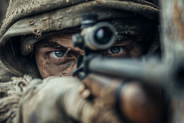 Closeup of a WW2 sniper, eyes steely and focused, taking aim from a hidden position in a warravaged urban area