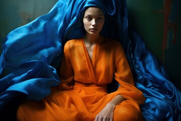 Portrait of a woman draped in vibrant blue satin, exuding elegance and mystery