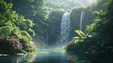 Wall Mural - Tranquil morning scene of waterfall surrounded by lush, green nature