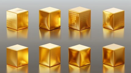 Poster - The modern realistic set of yellow metal cubic blocks with reflection is isolated on transparent background with front and perspective views.