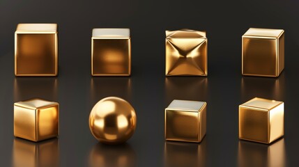 Poster - An isolated modern realistic set of yellow metal cubic blocks with reflection on transparent background.