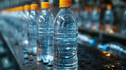 Wall Mural - Close-up of Mineral water bottles on production line, plastic, industrial setting