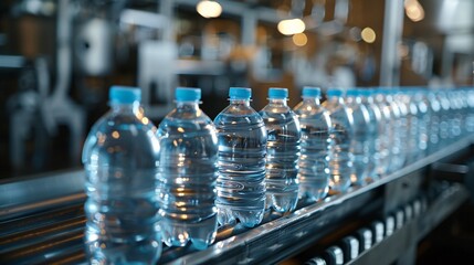 Wall Mural - Close-up view of water bottle production, conveyor belt