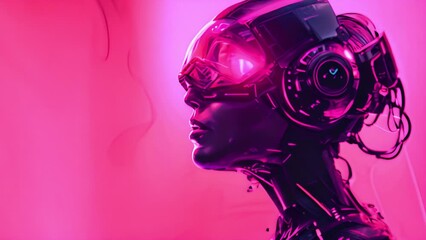 Poster - A digital artwork showcasing a side view profile of a female cyborg with intricate headgear in a vivid pink setting.