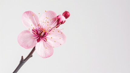 Sticker - AI generated illustration of a pink flower on stem against white background, shot from low angle