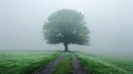 Wall Mural -   A lone tree stands amidst foggy field, path leading towards tree center