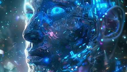 Fototapete - A human face with futuristic features and vivid blue eyes.