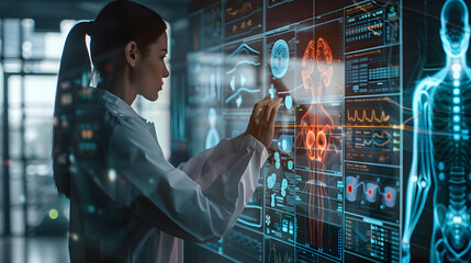 Poster - Medicine and health care concept. Doctor working with modern computer interface as medical research concept